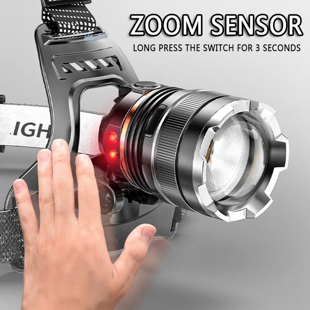 High Power ZOOM Sensor Headlamp XHP50 Super Bright USB Rechargeable Outdoor Flashlight for Fishing