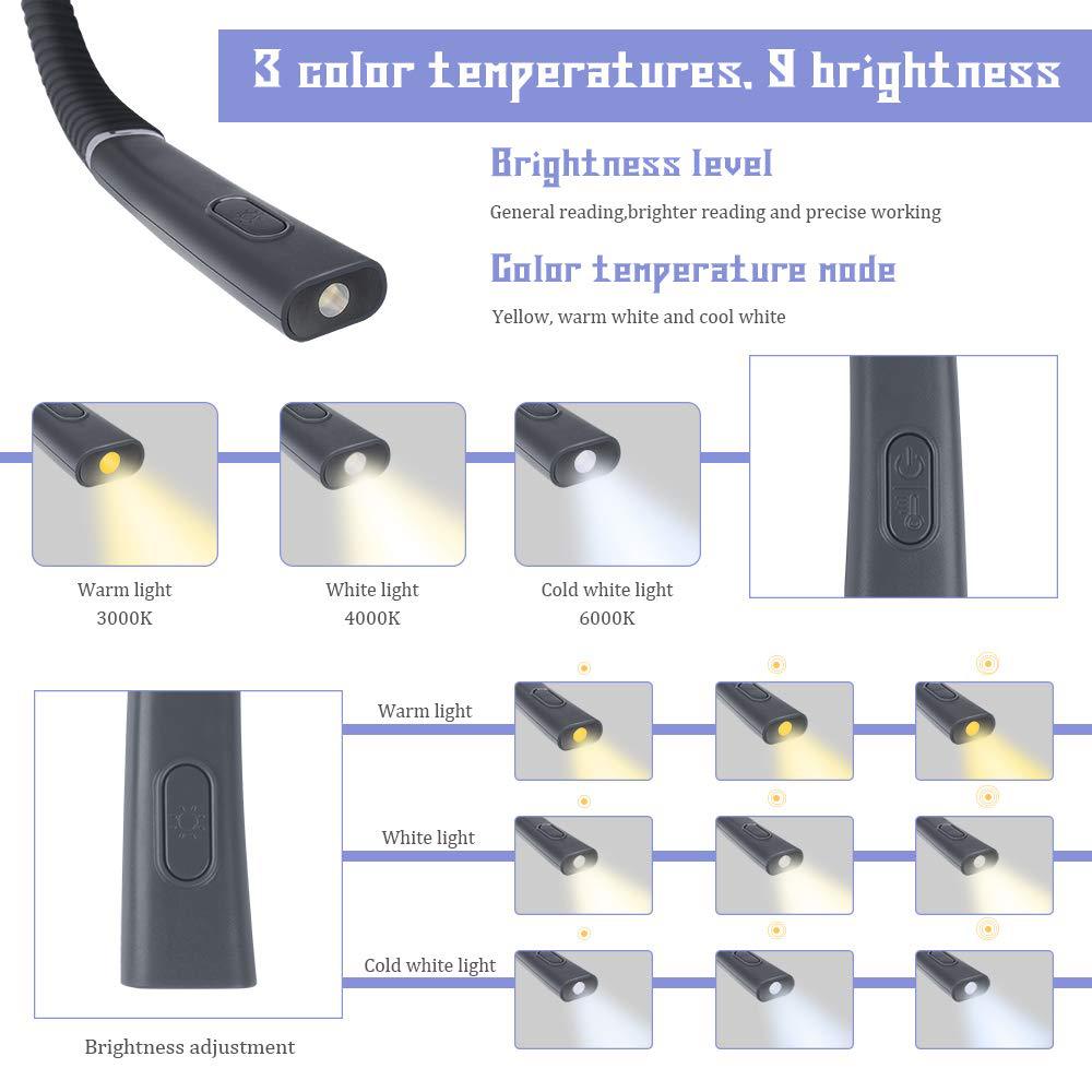 3-Color 8-LED Flexible Neck Reading Light - Rechargeable Book Light for Reading, Knitting, Camping, Repairing, Running