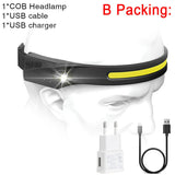 COB LED Headlamp with Sensor, USB Rechargeable, Built-in Battery, 5 Lighting Modes, Work Light Flashlight