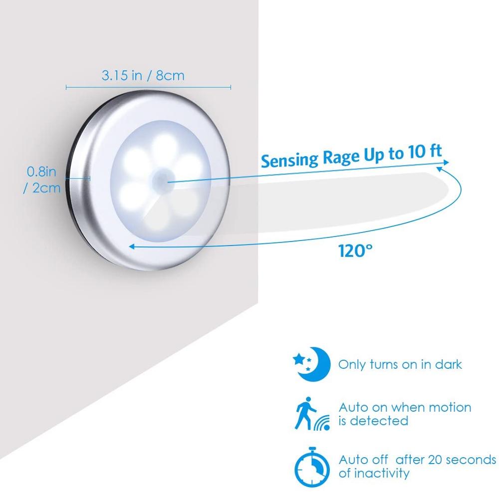 6 LED Motion Sensor Night Lights - PIR Infrared, Auto On/Off for Home, Bedroom, Bedside, Stair, Cabinet