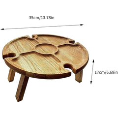 Wooden Outdoor Folding Picnic Table with Wine Glass Holder - Round Collapsible Desk for Camping and Parties