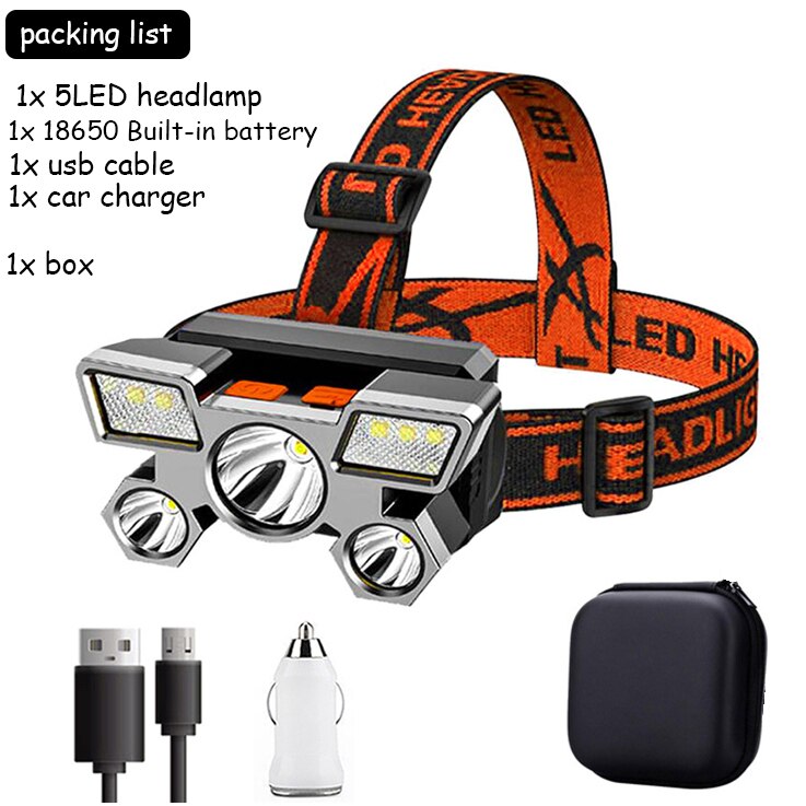 5LED USB Rechargeable Flashlight Lantern with Built-in 18650 Battery - Portable Headlamp for Outdoor Camping