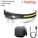 COB LED Headlamp with Sensor, USB Rechargeable, Built-in Battery, 5 Lighting Modes, Work Light Flashlight