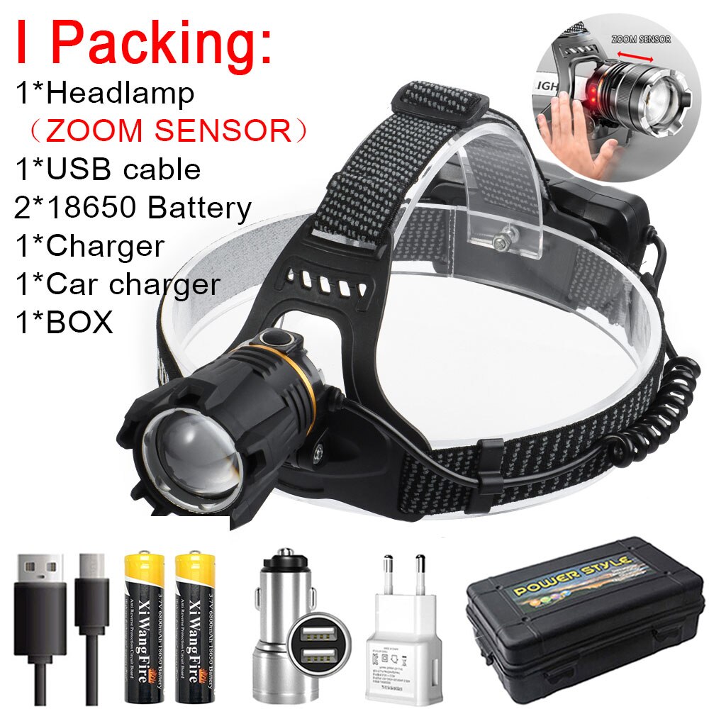 High Power ZOOM Sensor Headlamp XHP50 Super Bright USB Rechargeable Outdoor Flashlight for Fishing