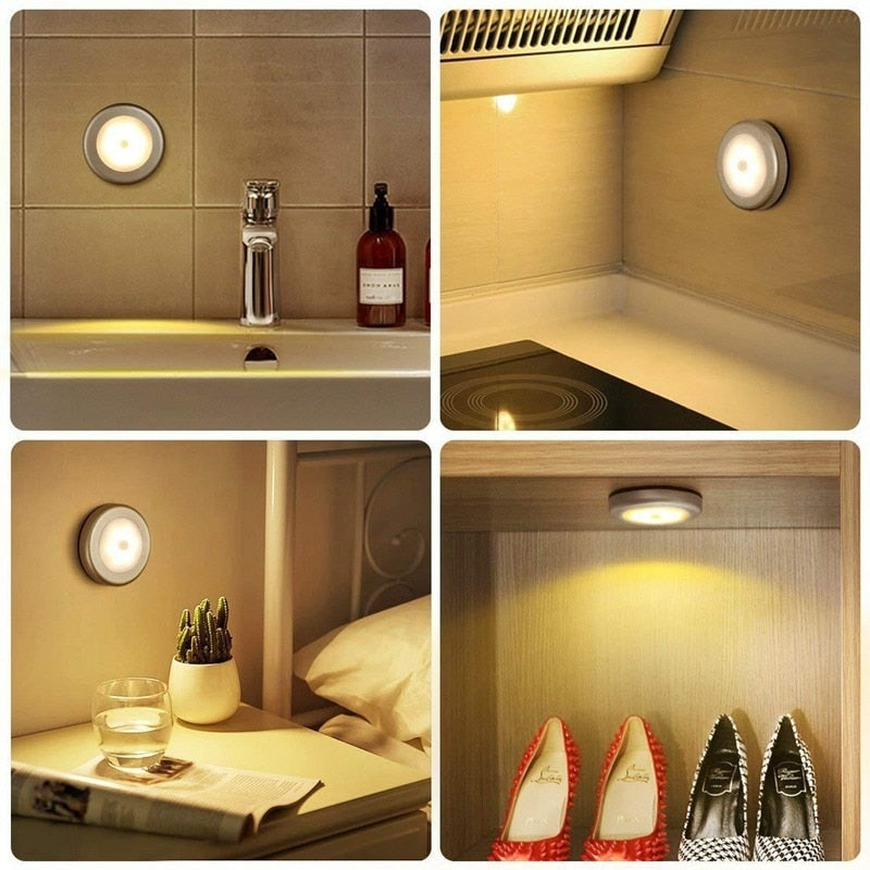 PIR Motion Sensor LED Night Light for Home, Bedroom, Closet, Kitchen, Wardrobe - Auto Smart Round Cabinet Lamp