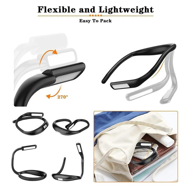 Rechargeable Fashion Neck Book Light - 3 Color Adjustable Brightness, Flexible Arm, Night Lamp for Reading & Camping