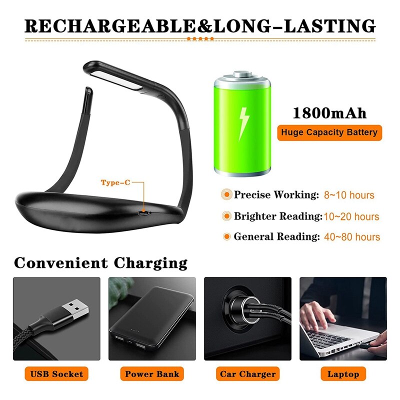 Rechargeable Fashion Neck Book Light - 3 Color Adjustable Brightness, Flexible Arm, Night Lamp for Reading & Camping