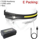 COB LED Headlamp with Sensor, USB Rechargeable, Built-in Battery, 5 Lighting Modes, Work Light Flashlight