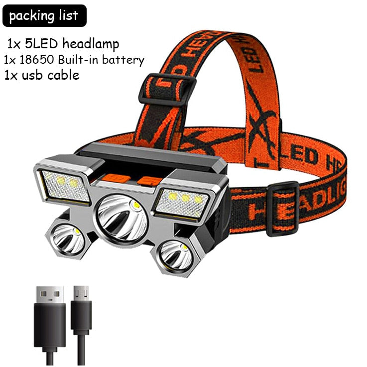 5LED USB Rechargeable Flashlight Lantern with Built-in 18650 Battery - Portable Headlamp for Outdoor Camping