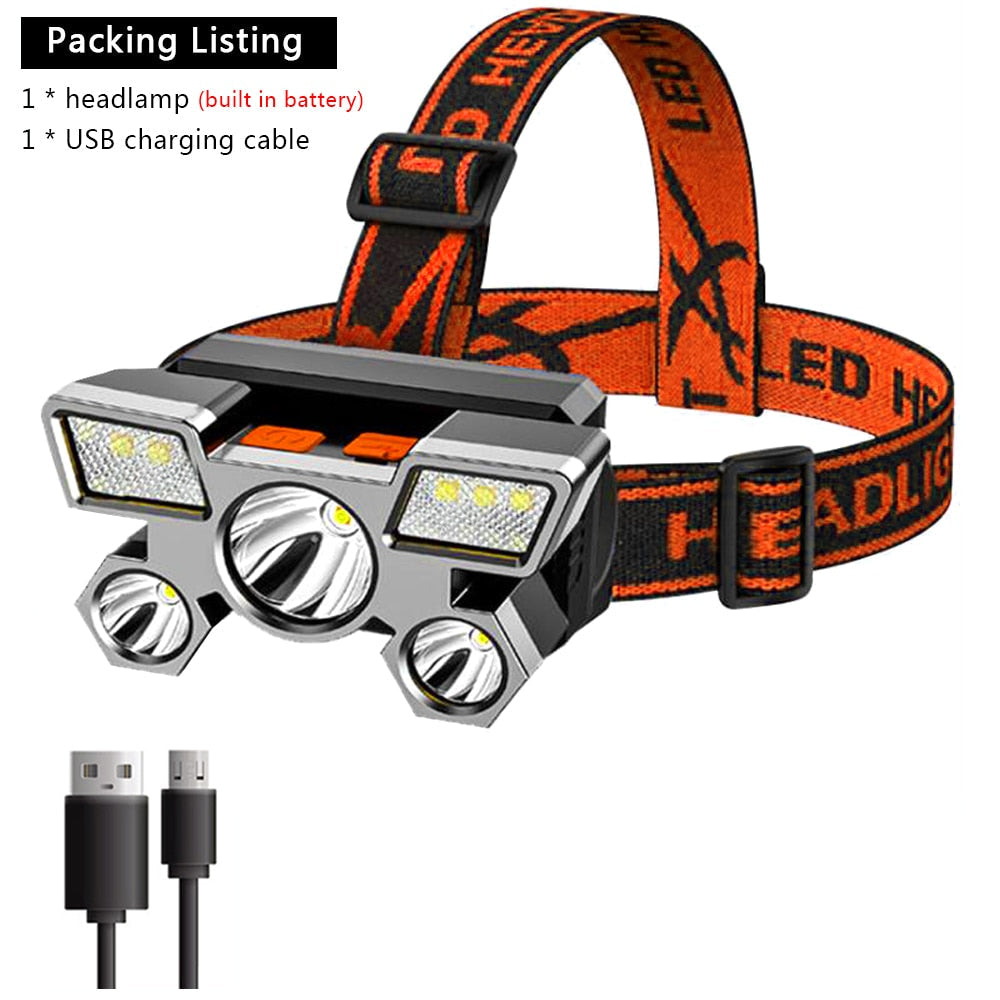 5LED Bright Portable Headlamp - USB Rechargeable, Built-in 18650 Battery, Lightweight Flashlight for Outdoor Work & Camping