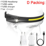 COB LED Headlamp with Sensor, USB Rechargeable, Built-in Battery, 5 Lighting Modes, Work Light Flashlight