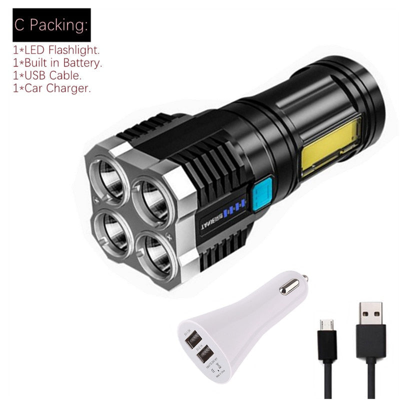 Portable USB Rechargeable LED COB Flashlight with Built-in 18650 Battery - Mini Hand Lantern, Plastic, 4 Lighting Modes