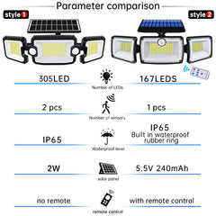 167 LED Security Solar Lights Outdoor, Adjustable 3 Heads, 3 Modes, Wireless Motion Sensor, Super Waterproof Flood Spot Lights