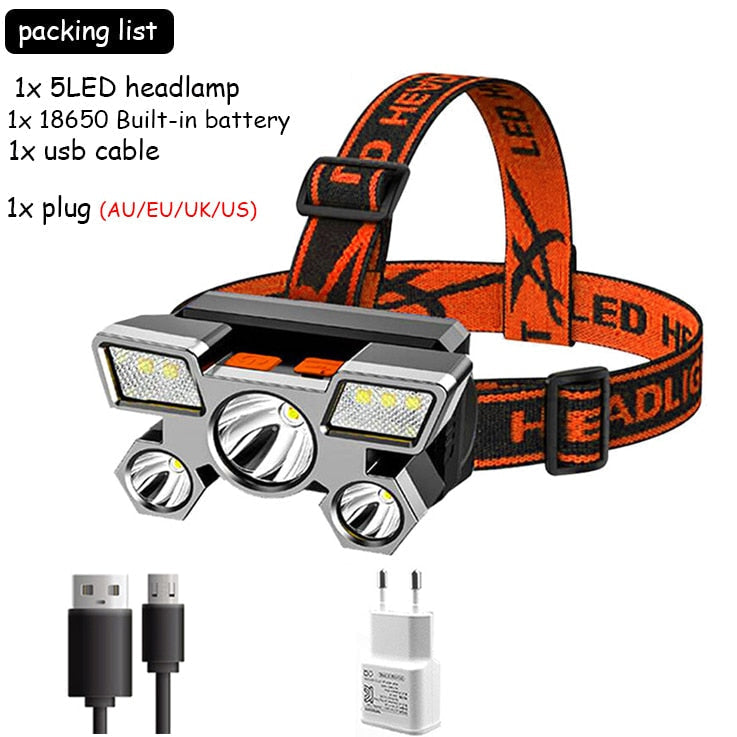 5LED USB Rechargeable Flashlight Lantern with Built-in 18650 Battery - Portable Headlamp for Outdoor Camping