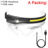 COB LED Headlamp with Sensor, USB Rechargeable, Built-in Battery, 5 Lighting Modes, Work Light Flashlight