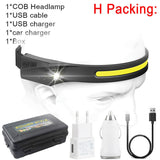 COB LED Headlamp with Sensor, USB Rechargeable, Built-in Battery, 5 Lighting Modes, Work Light Flashlight