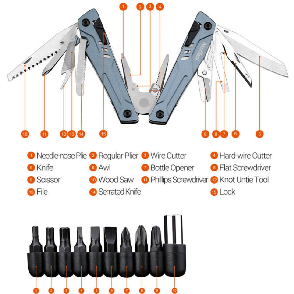 14-in-1 Multi-Function Folding Pliers: Portable Camping, Hiking Multitool with Scissors, Opener, Screwdriver, Saw