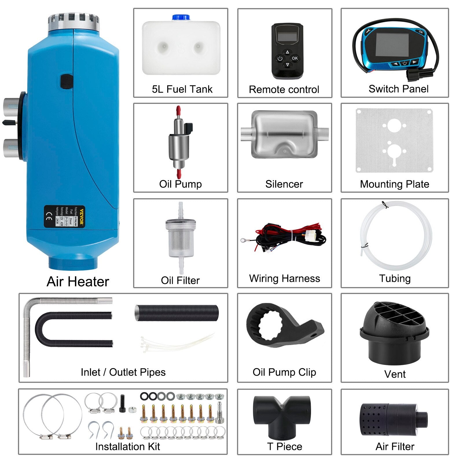 2KW 12V Diesel Air Heater with LCD Switch & Silencer, 5/10L Tank for Car, RV, Trailer, Truck, Parking Heater