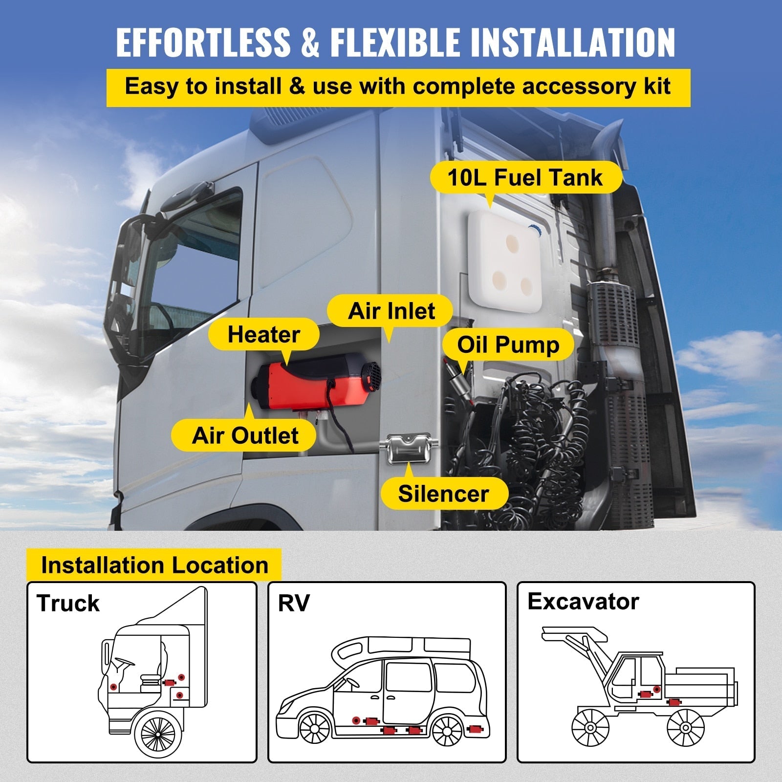 2KW 12V Diesel Air Heater with LCD Switch & Silencer, 5/10L Tank for Car, RV, Trailer, Truck, Parking Heater