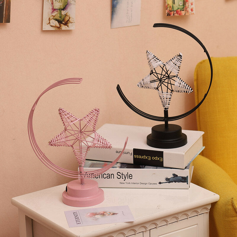 Battery/USB Powered Star Moon Night Light Desk Lamp - Warm Light, Black/Pink, Perfect Birthday Gift