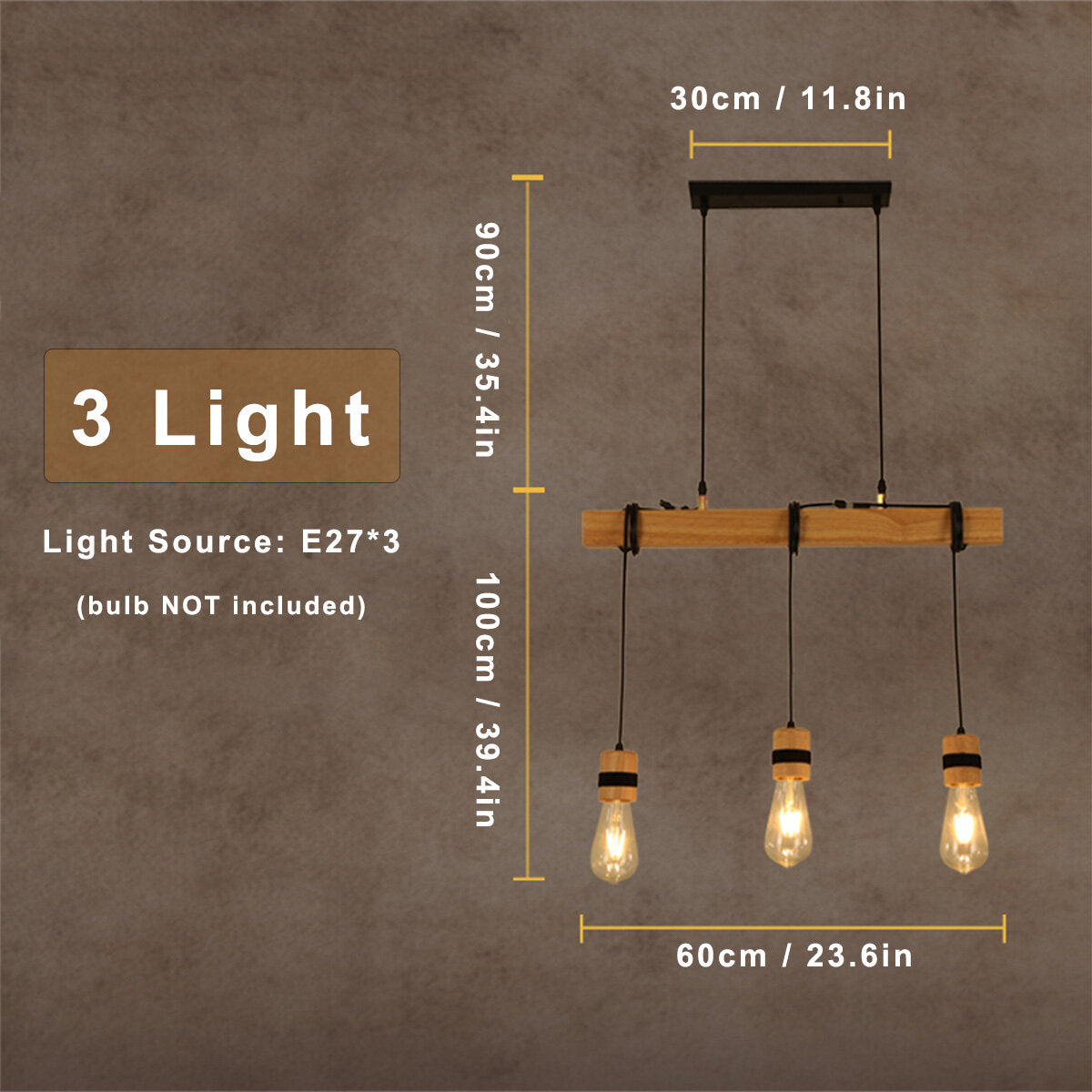 Industrial Wooden Pendant Light Fixture, AC85-265V Ceiling Lamp Chandelier, Bulb Not Included