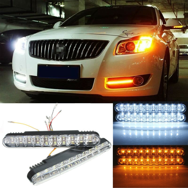 2pcs White 10SMD 3528 Yellow LED Car DRL Daytime Running Lights with Turn Signals