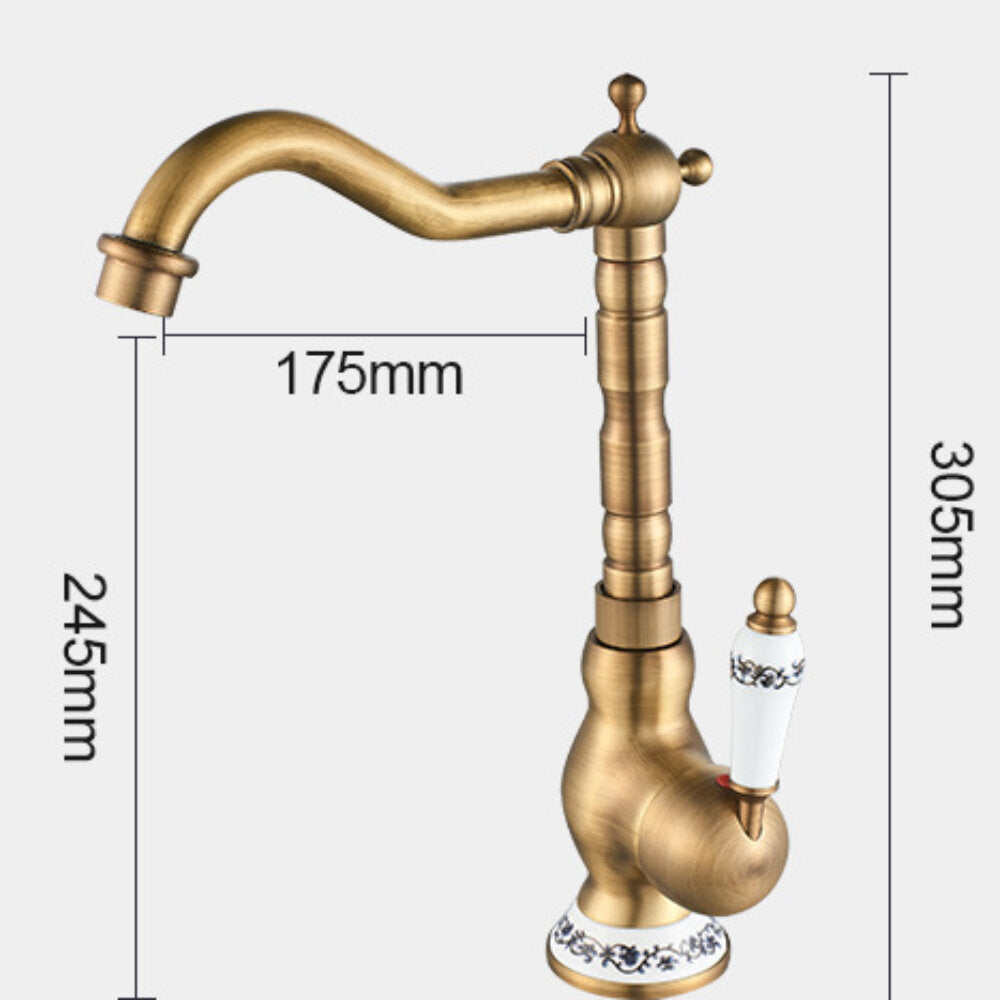 Antique Brass Kitchen Faucet - Swivel Single Hole Bathroom Basin Sink Tap with Porcelain Handle, Rotatable Crane