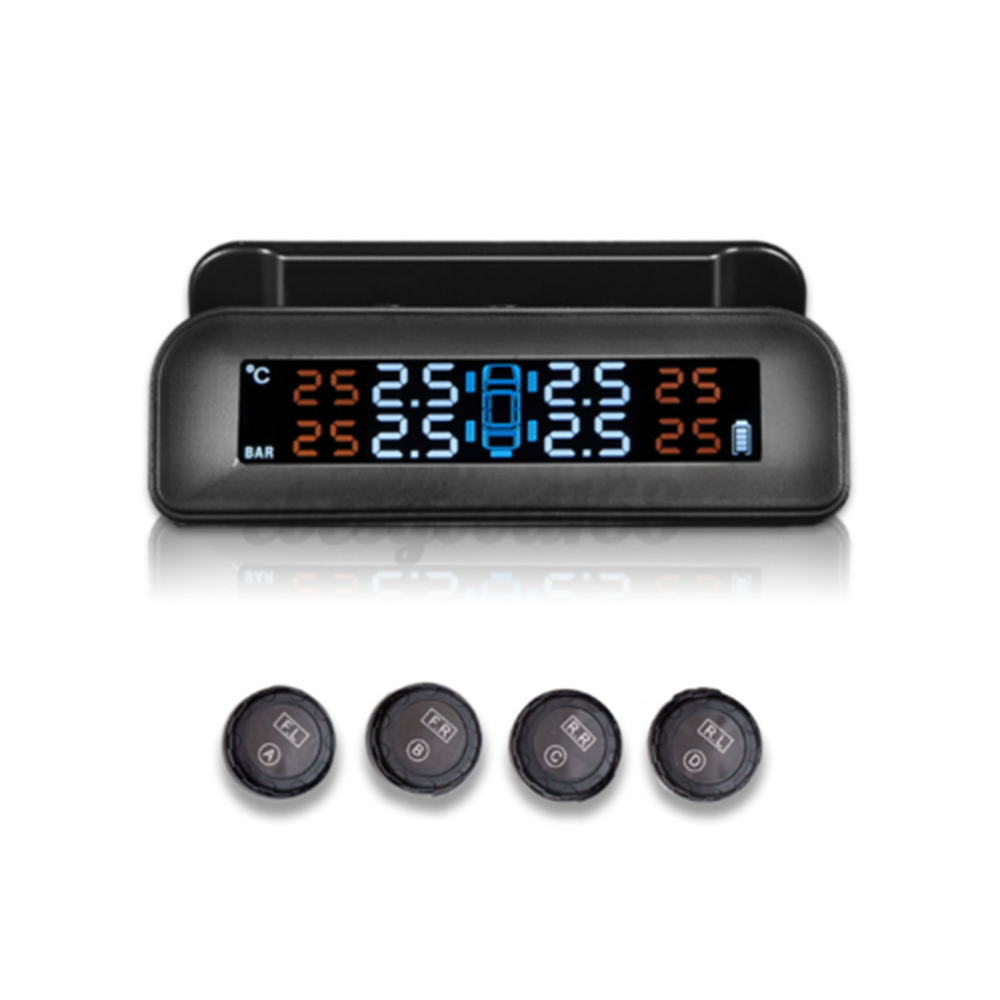 Solar-Powered Car Tire Pressure Monitoring System with LCD Screen and 4 Sensors - Real-Time Alerts