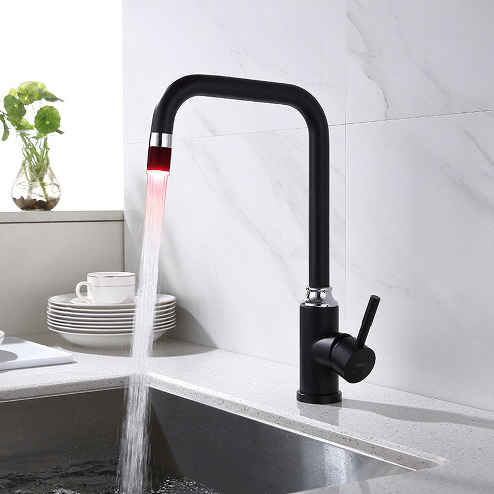 Intelligent Anti-Scald LED 3-Color Matte Black Swivel Kitchen Faucet Tap, Solid Brass Mixer for Basin Sink