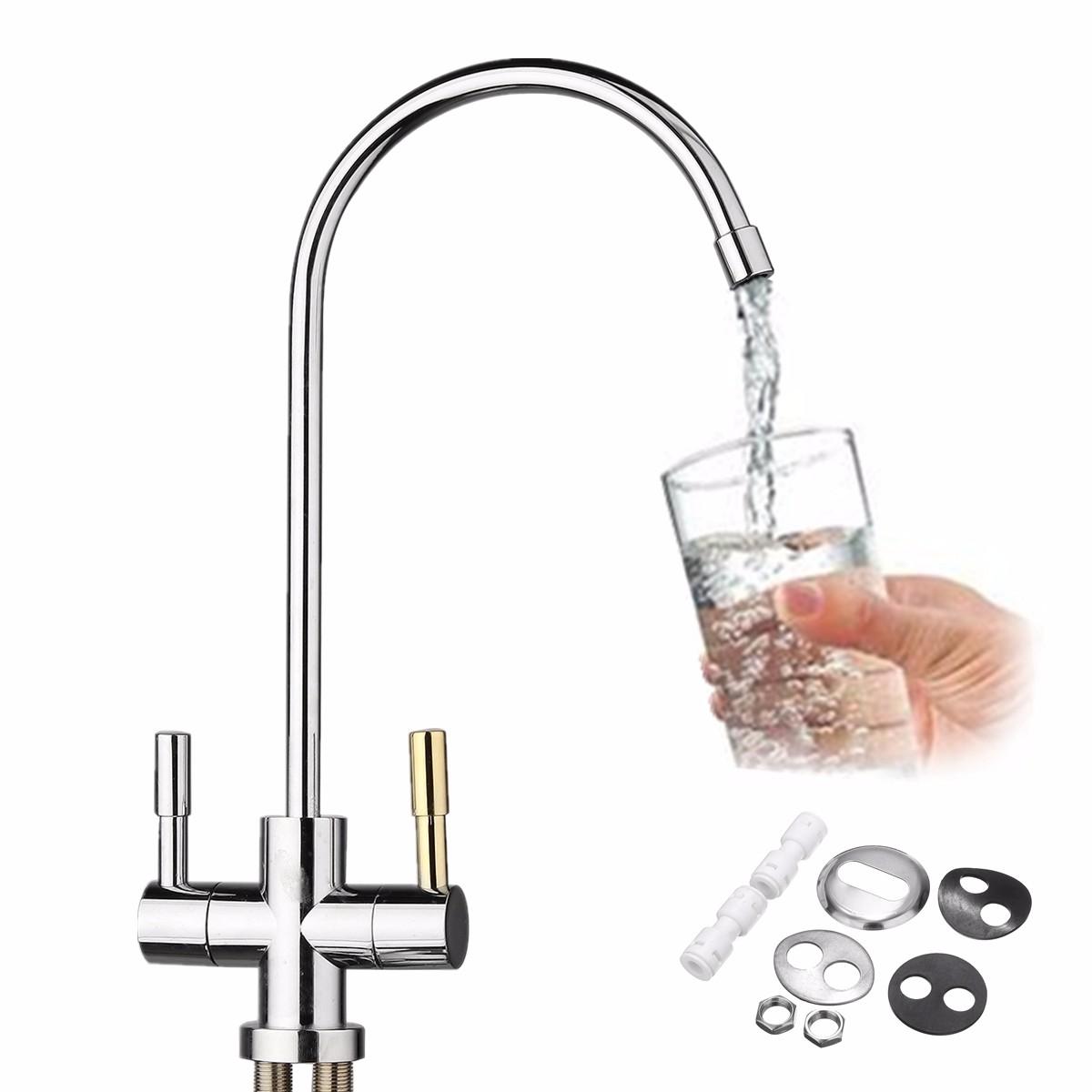 1/4'' Double Hole Chrome RO Reverse Osmosis Kitchen Sink Drinking Water Filter Faucet