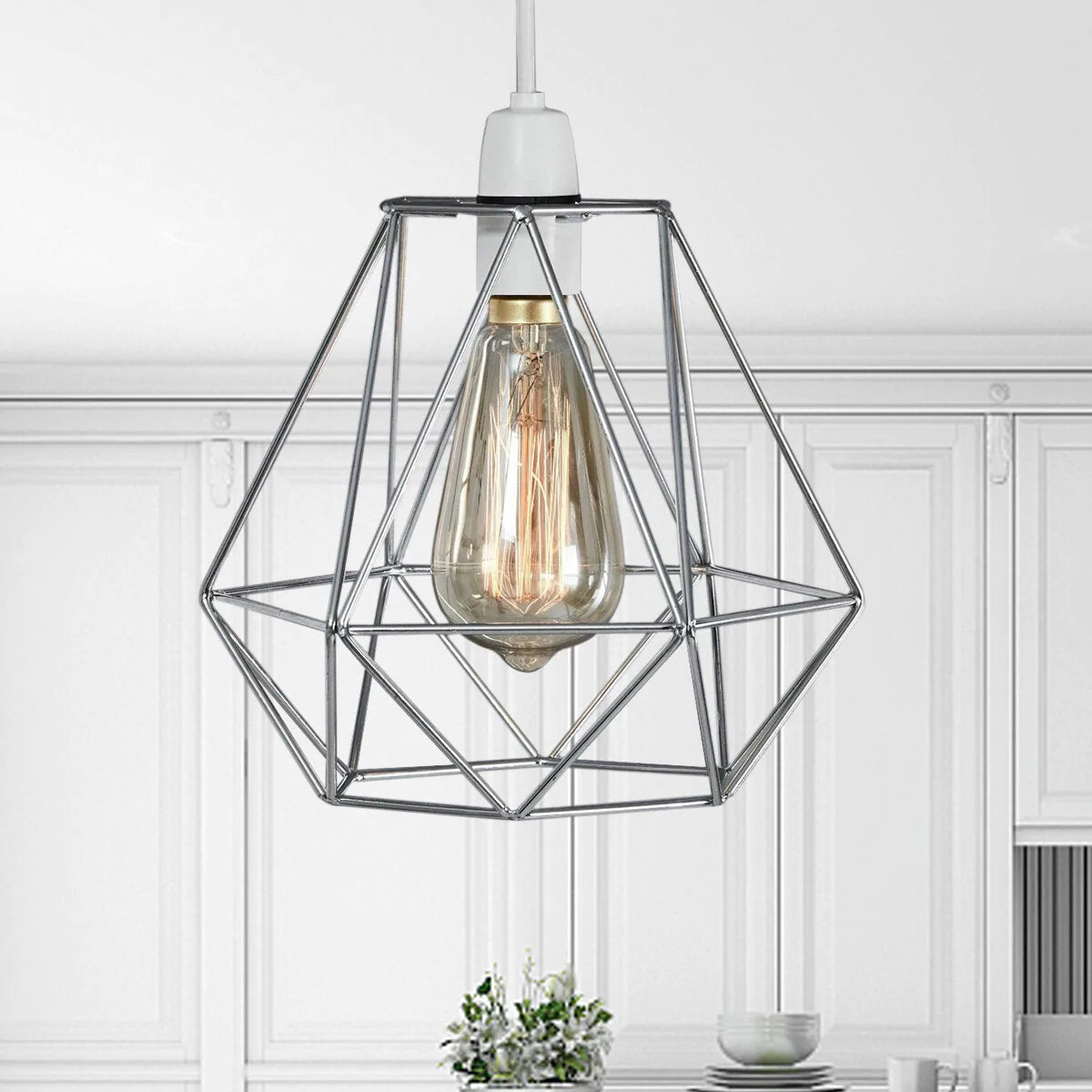 Geometric Wire Ceiling Pendant Light - Metal Cage Lampshade for Kitchen, Dining, Cafe, Bulb Not Included