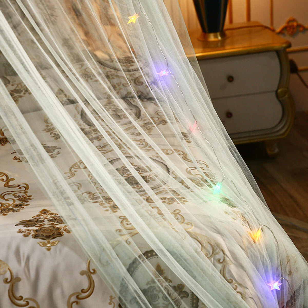 Princess Dome Mosquito Net Bed Canopy with Lace and LED Lights - Bedroom Decor