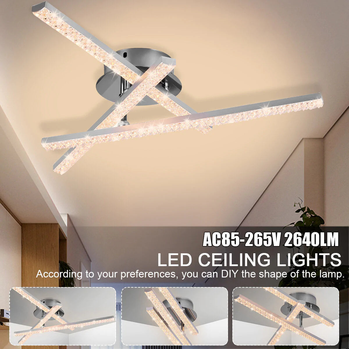 Modern LED Ceiling Light 24W, Crystal Light Bar for Bedroom & Living Room, AC85V~265V Chandelier Lamp Lighting