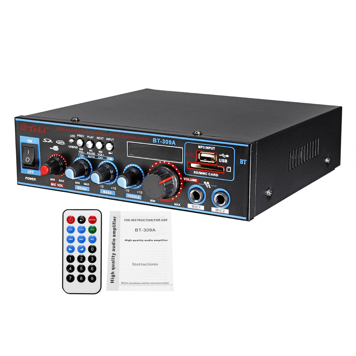 12V/220V HiFi Audio Stereo Power Amplifier with Bluetooth, FM Radio for Car and Home Karaoke