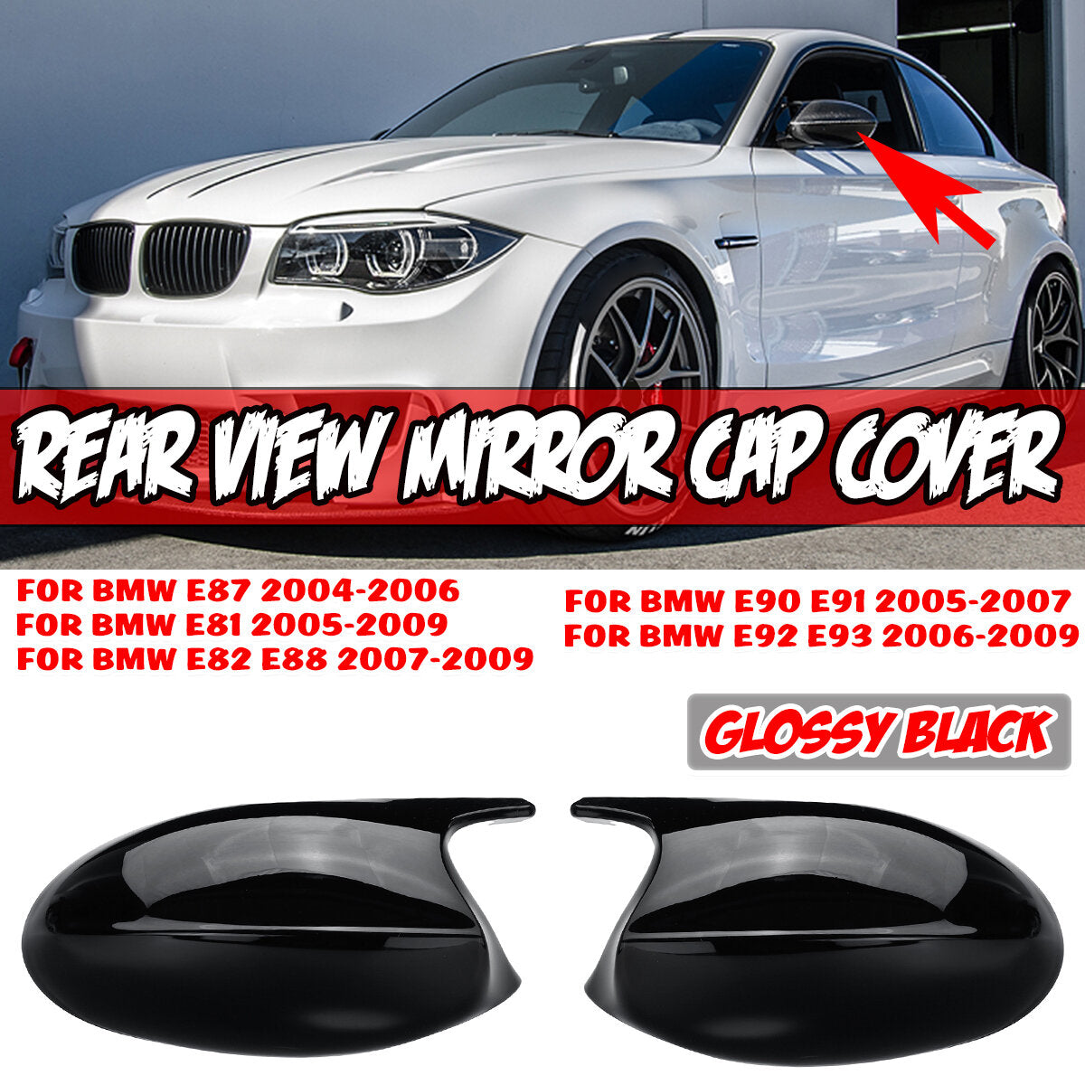 Glossy Black Rear View Mirror Cap Cover for BMW E90 E91 2005-2007 E92 E93 2006-2009 Replacement Left & Right