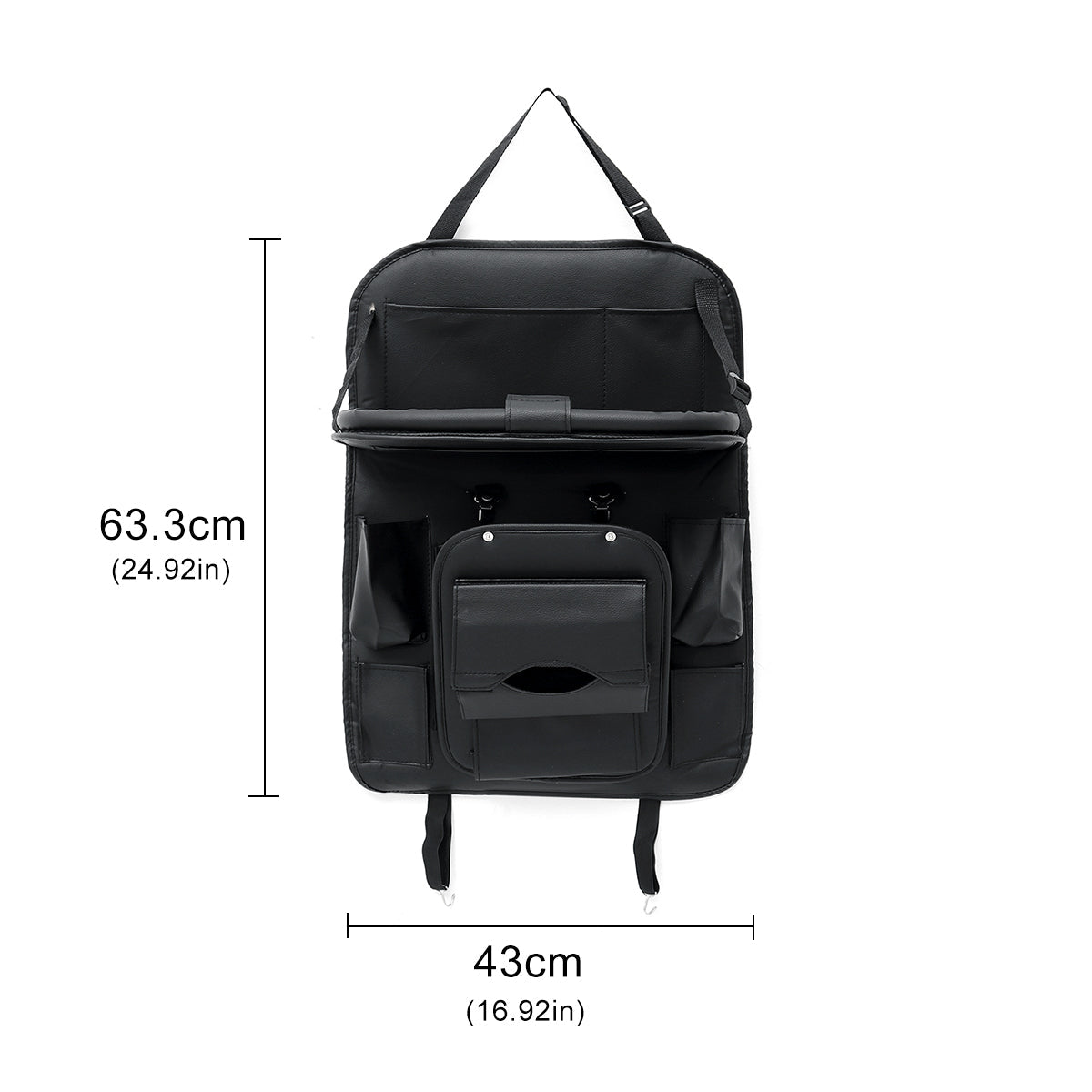 Black PU Leather Car Seat Back Organizer with Phone Holder and Storage Pockets