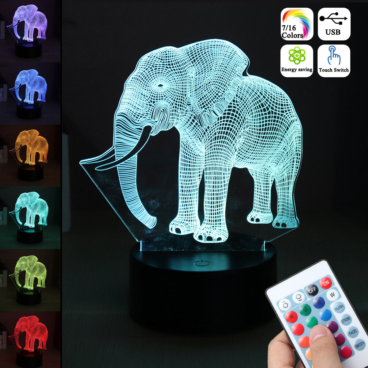 3D Acrylic LED Night Light - Elephant Model, 7/16 Colors, Remote Control & Touch Switch