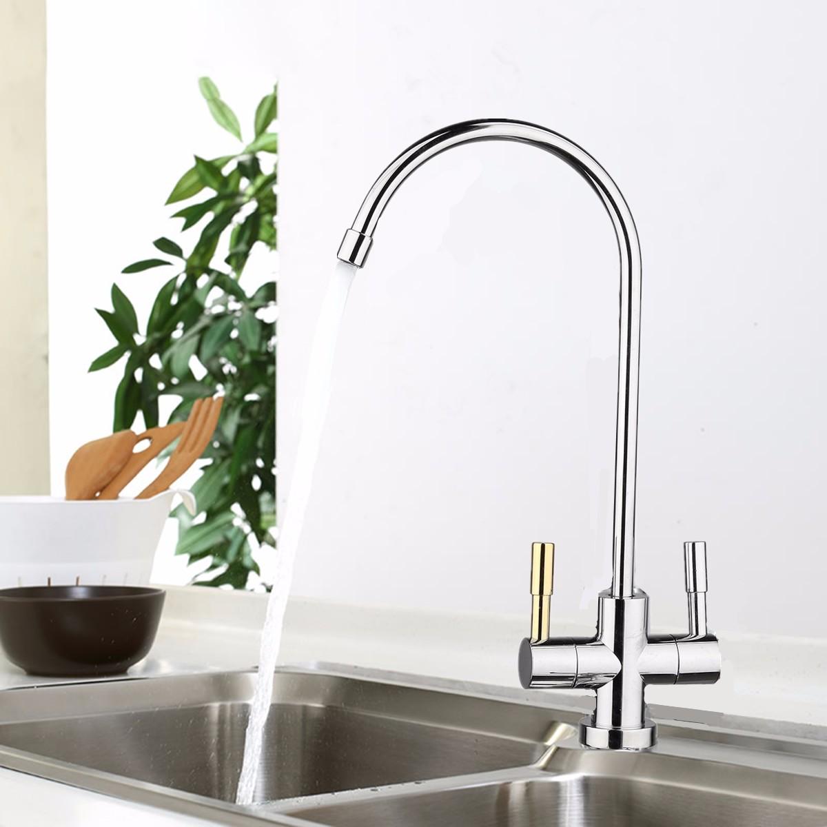 1/4'' Double Hole Chrome RO Reverse Osmosis Kitchen Sink Drinking Water Filter Faucet