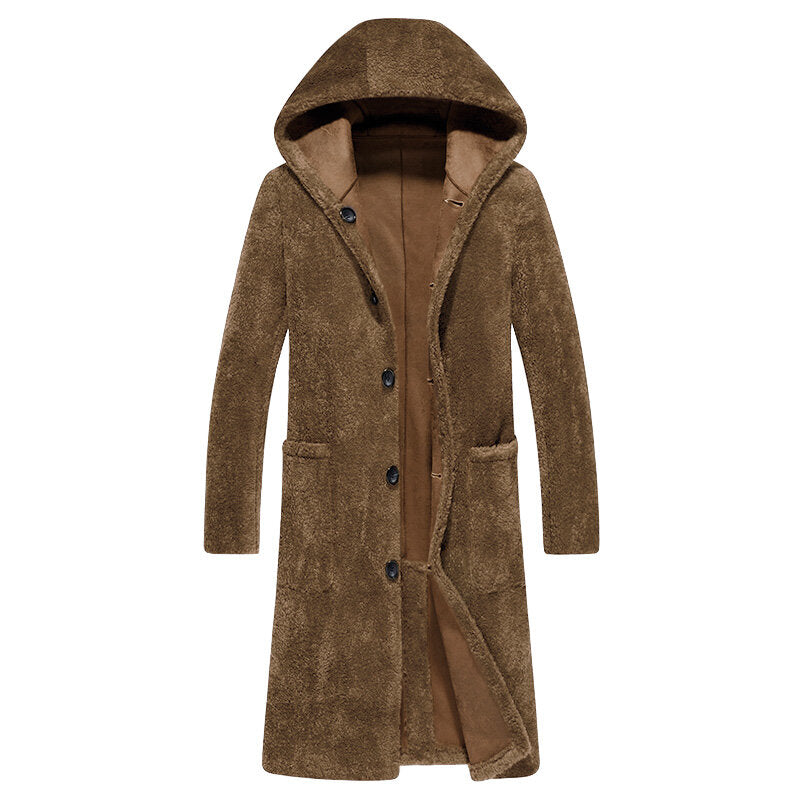 Men's Double-Sided Wearable Shearling Hooded Mid-Length Faux Fur Woolen Coat