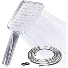 Square Shower Head with 1.5m Stainless Steel Hose, 6 Jet Types, High Pressure, Water-Saving, Chrome, Universal for Bathing & Spa