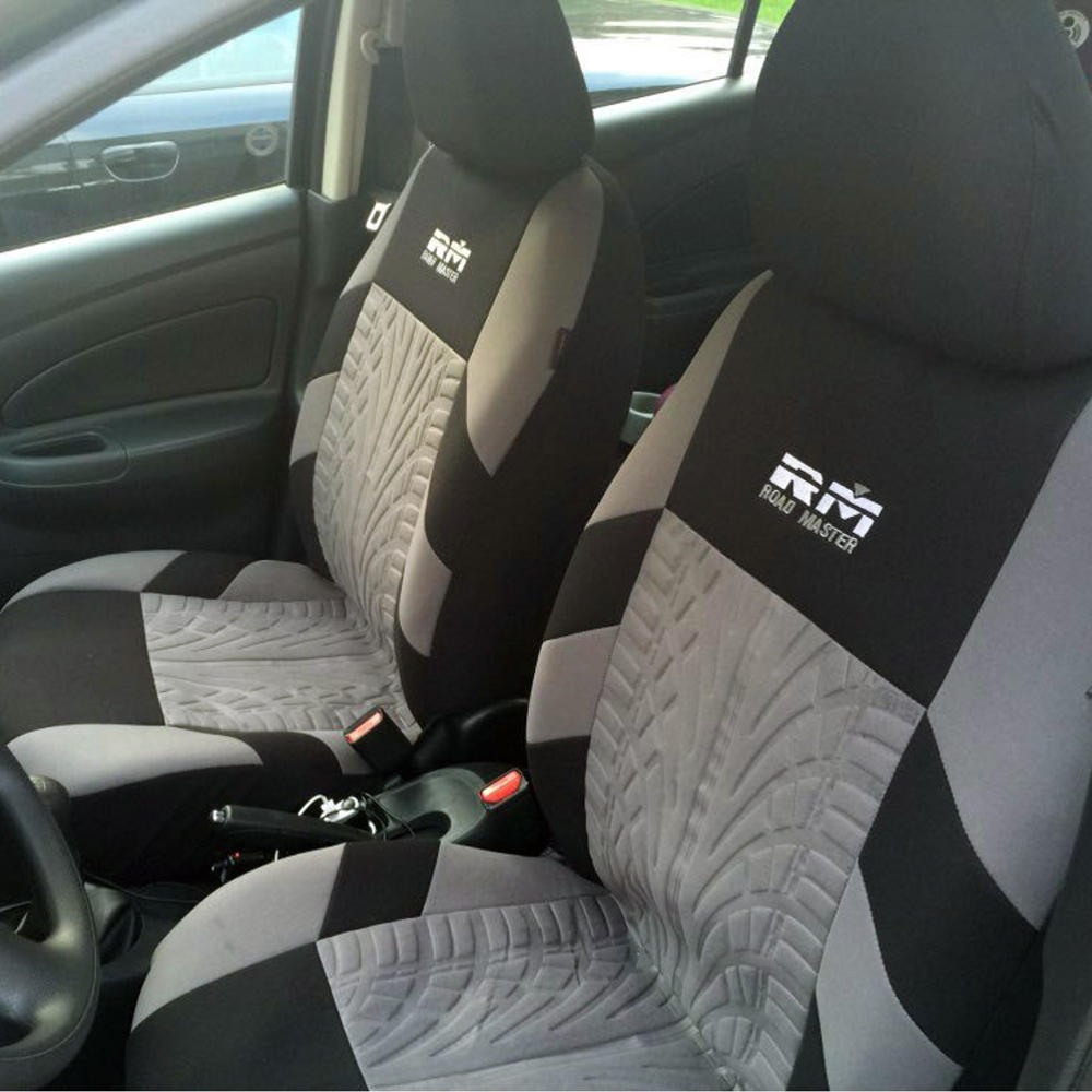 Universal Double Seat Fabric Car Front Seat Cover Cushion Protector - Full Surround, Black and Grey