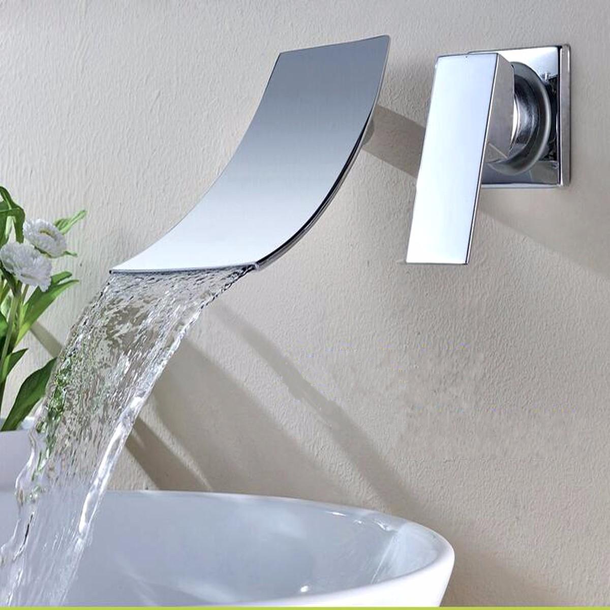 Chrome Wall Mount Waterfall Mixer Tap - Modern Brass Bathroom Sink Faucet