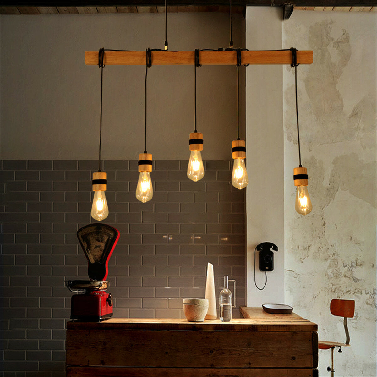 Industrial Wooden Pendant Light Fixture, AC85-265V Ceiling Lamp Chandelier, Bulb Not Included