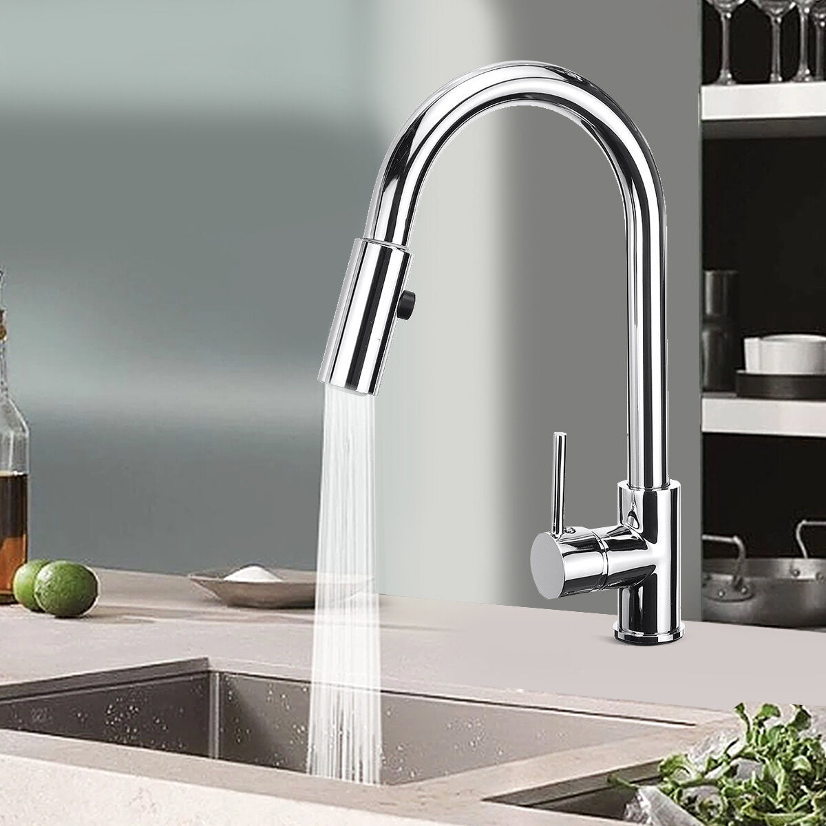 Modern Single Handle Kitchen Sink Faucet with Pull Down Sprayer - Hot and Cold Mixer Tap