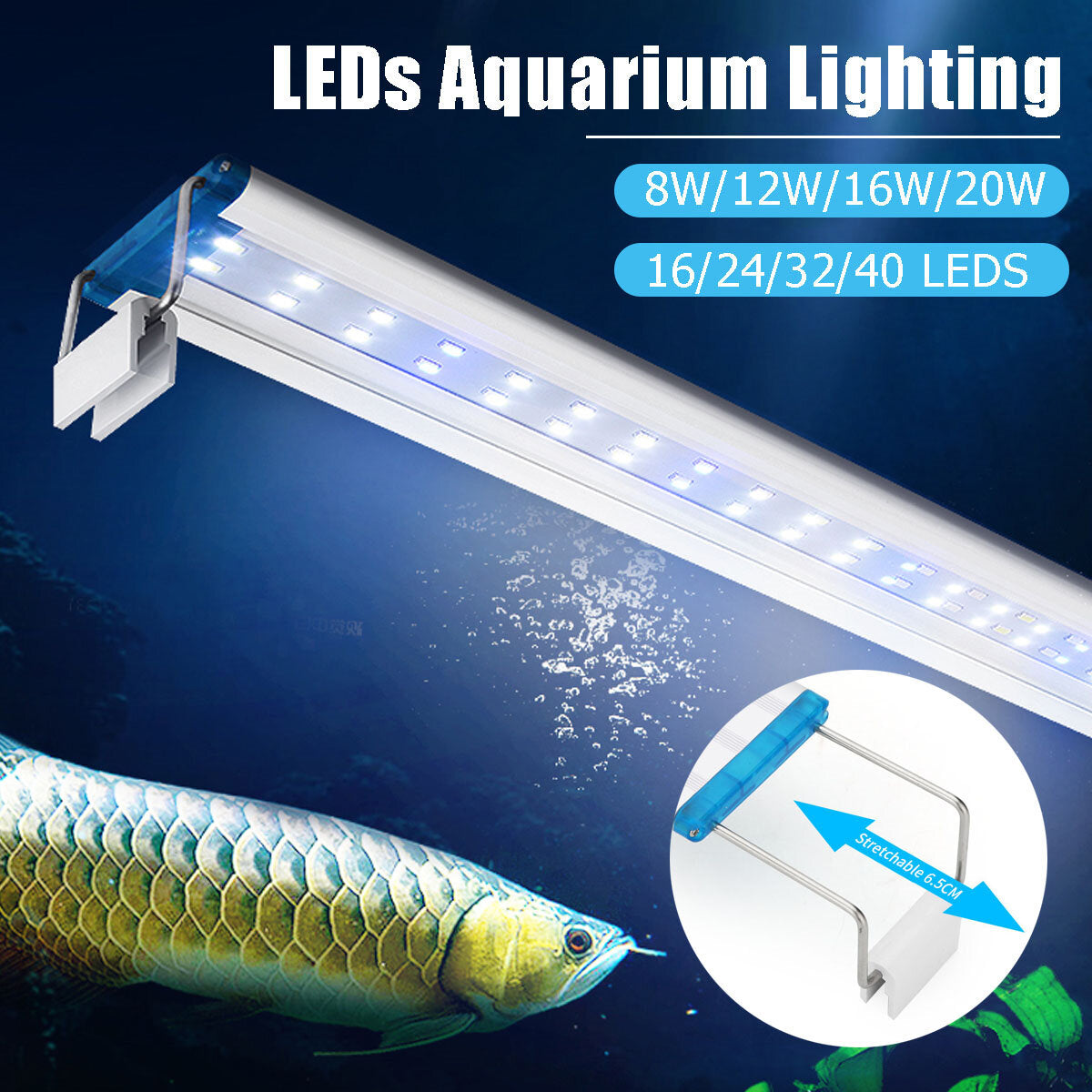 18-48CM LED Fish Tank Lamp with Extendable Brackets - White & Blue LEDs for Aquariums