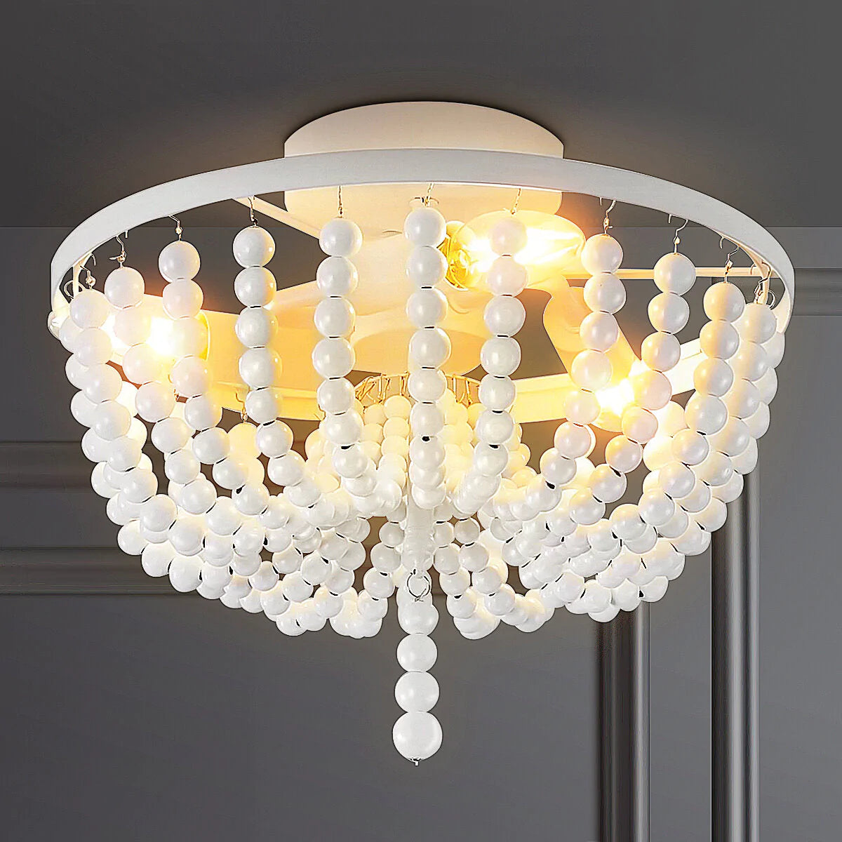 Retro Wooden Bead Chandelier Lighting Fixture - White Ceiling Pendant Light, Bulbs Not Included