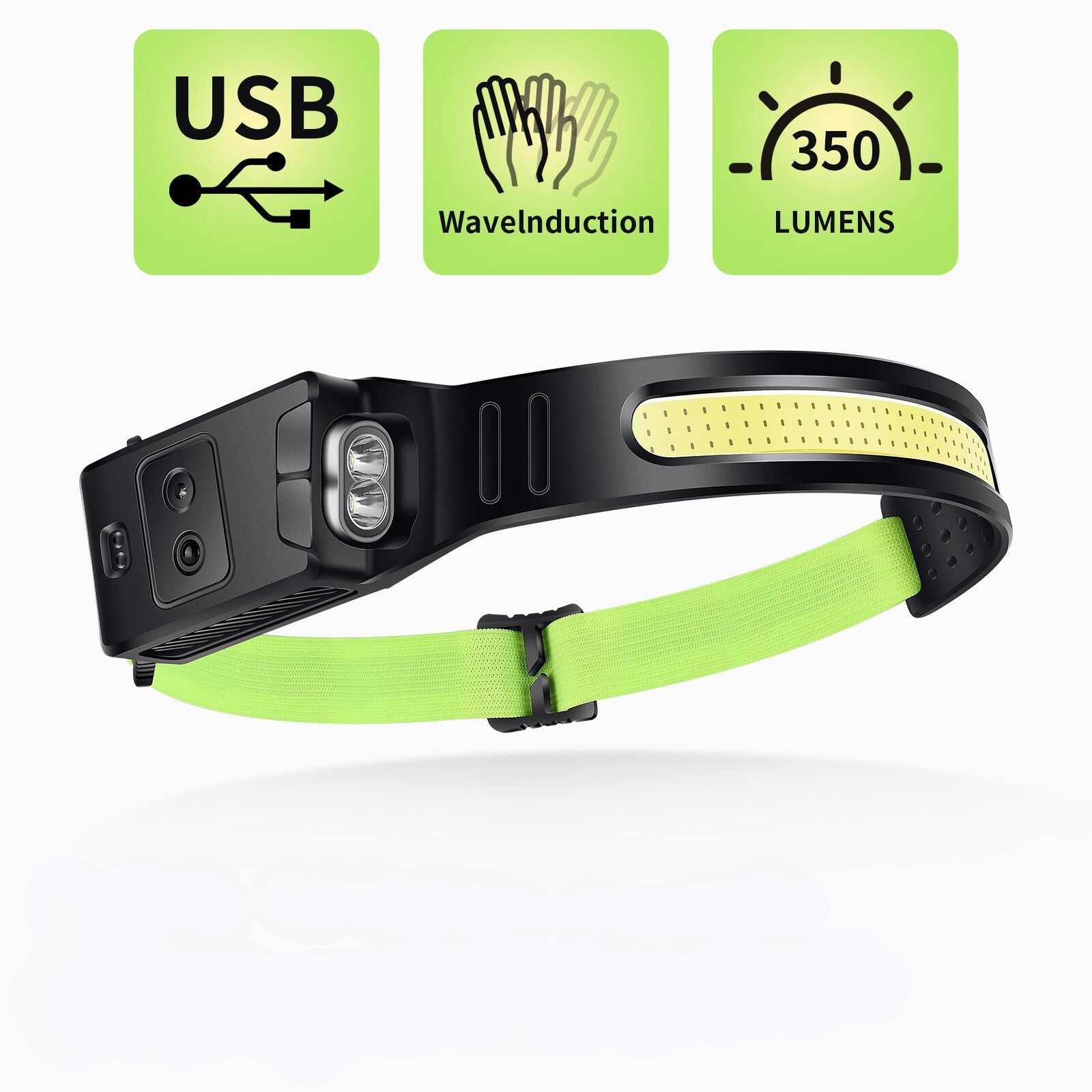 USB Rechargeable LED Headlamp with Full Vision Sensor and Built-in Battery for Camping and Fishing