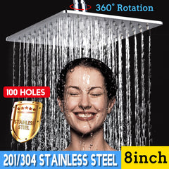 8" Square Waterfall Shower Head, 360 Degree Rotating, 201/304 Stainless Steel