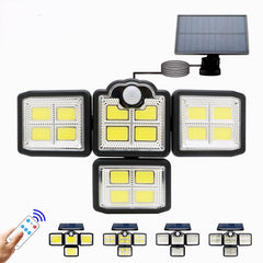 192/198 COB LED Solar Lights Outdoor, 4 Head Motion Sensor, Waterproof, 3 Modes, Remote Control, Patio Garden Wall Lamp