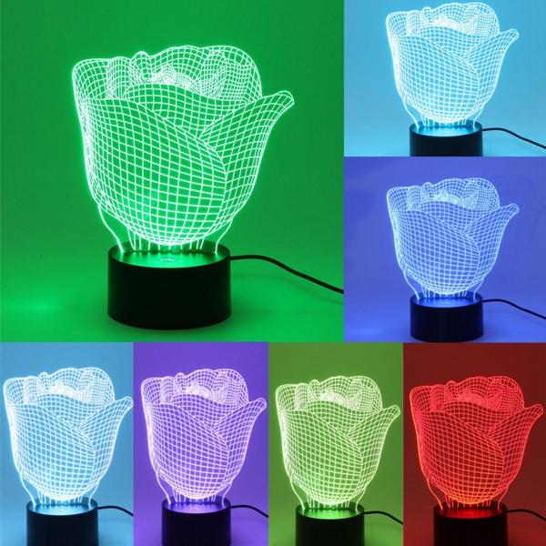 3D Color Changing Rose LED Night Light Lamp - Illuminated Illusion Desk Decor